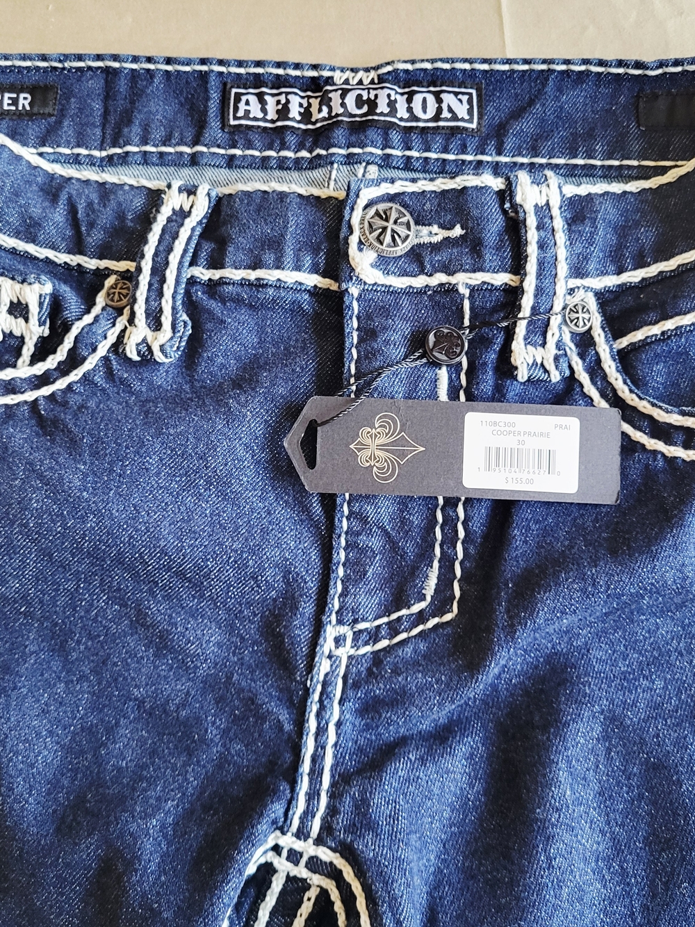 NWT Affliction Cooper Prairie Mens Jeans Sz 30 Thick White Stitching Flap Pocket - Picture 4 of 10